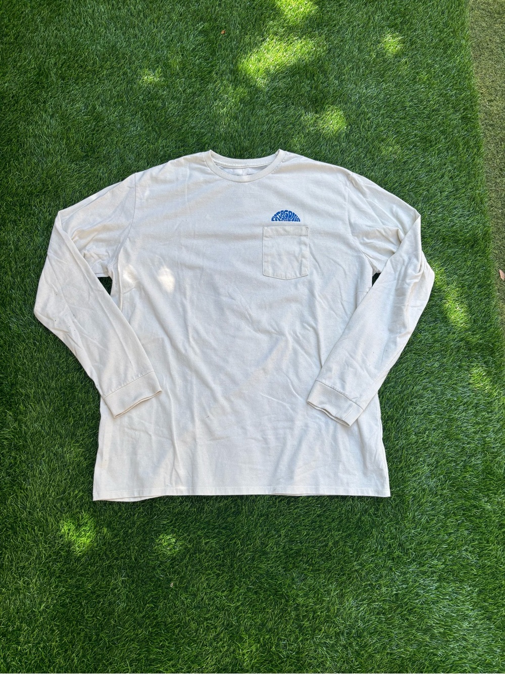 Patagonia White Long-Sleeve Pocket Tee with Blue Logo